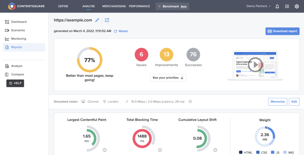 Contentsquare speed analysis module showing web performance